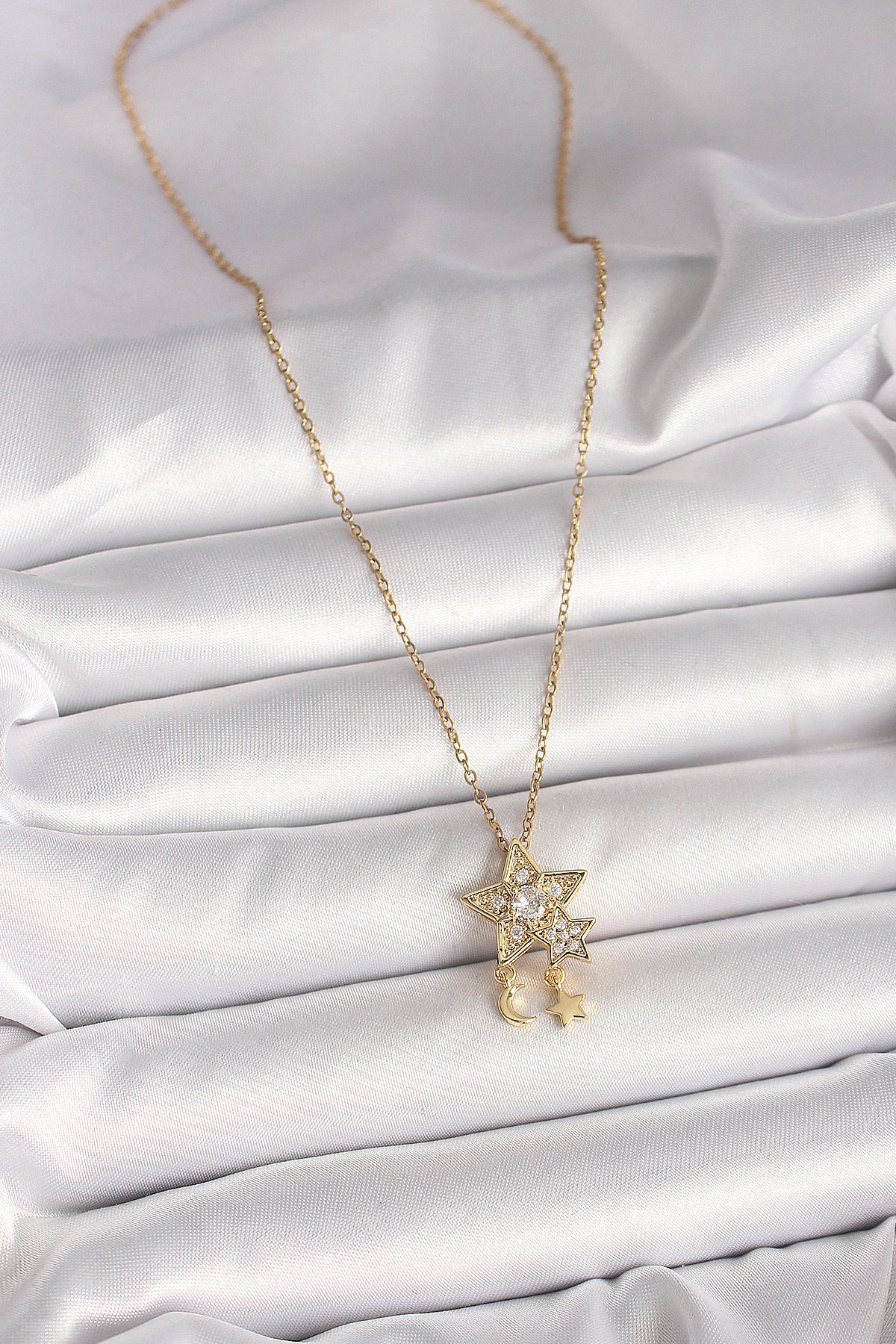 316L Çelik Gold Renk Zincir Zirkon Taşlı Yıldız Model Sallanı Ay Yıldız Detay Kadın Kolye - TJ-BKO9973