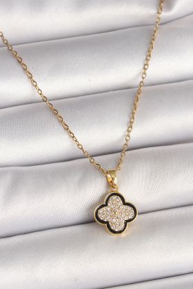316L Çelik Gold Renk Zincir Zirkon Taşlı Yonca Model Kadın Kolye - TJ-BKO9974