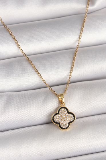 316L Çelik Gold Renk Zincir Zirkon Taşlı Yonca Model Kadın Kolye - TJ-BKO9974