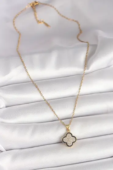 316L Çelik Gold Renk Zincir Zirkon Taşlı Yonca Model Kadın Kolye - TJ-BKO9974