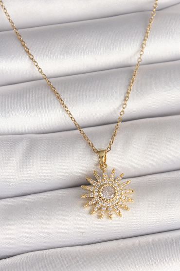 316L Çelik Gold Renk Zincir Zirkon Taşlı Güneş Model Kadın Kolye - TJ-BKO9978