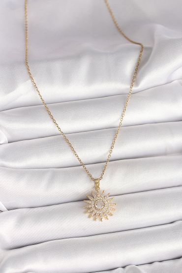 316L Çelik Gold Renk Zincir Zirkon Taşlı Güneş Model Kadın Kolye - TJ-BKO9978