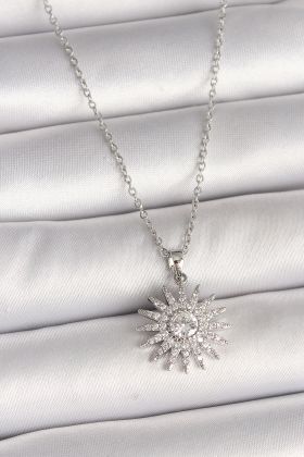 316L Çelik Gümüş Renk Zincir Zirkon Taşlı Güneş Model Kadın Kolye - TJ-BKO9979