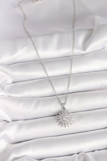 316L Çelik Gümüş Renk Zincir Zirkon Taşlı Güneş Model Kadın Kolye - TJ-BKO9979