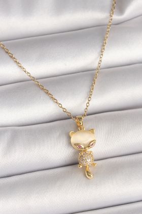 316L Çelik Gold Renk Zincir Zirkon Taşlı Kedi Model Kadın Kolye - TJ-BKO9980