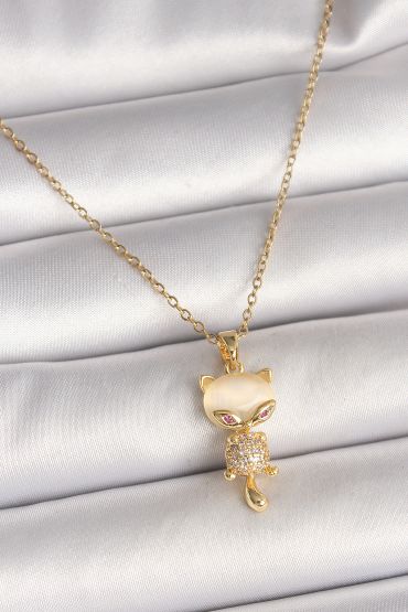 316L Çelik Gold Renk Zincir Zirkon Taşlı Kedi Model Kadın Kolye - TJ-BKO9980