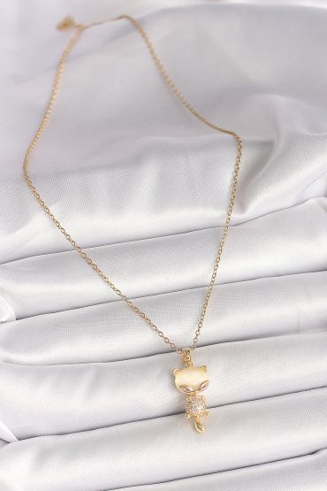316L Çelik Gold Renk Zincir Zirkon Taşlı Kedi Model Kadın Kolye - TJ-BKO9980