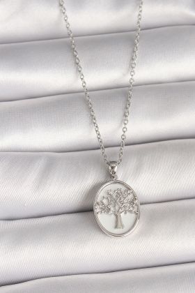 316L Çelik Gümüş Renk Zincir Zirkon Taş İşlemeli Beyaz Mineli Ağaç İşlemeli Portre Model Kadın Kolye - TJ-BKO9983