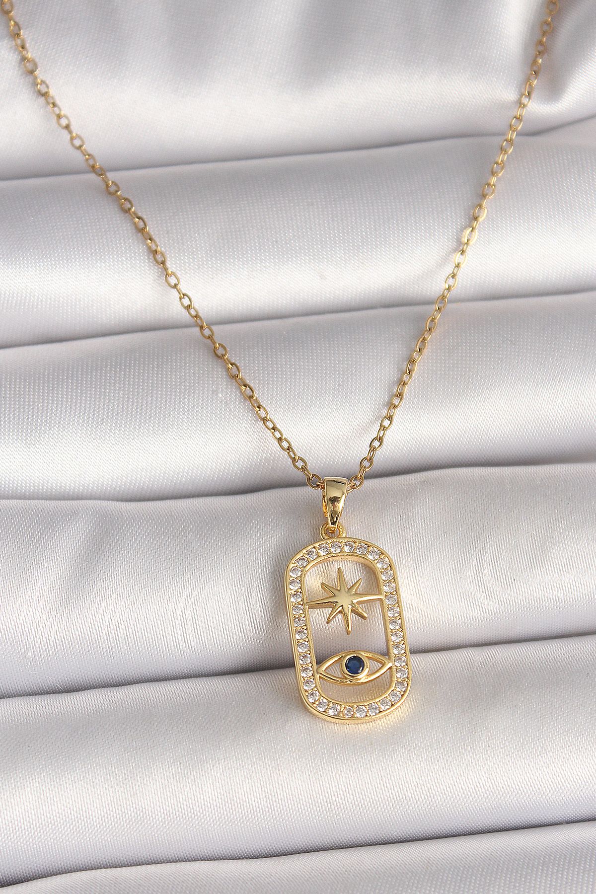316L Çelik Gold Renk Zincir Zirkon Taşlı Göz Yıldız Model Kadın Kolye - TJ-BKO9984