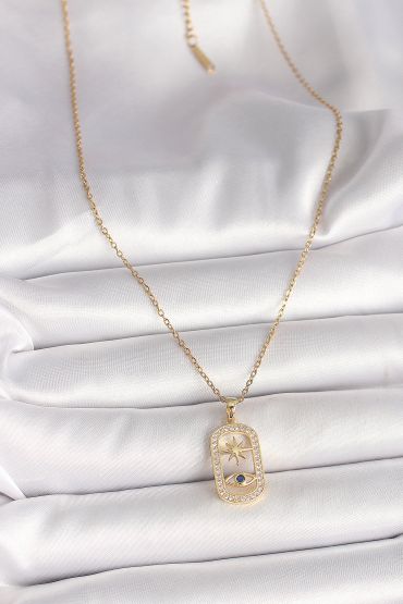 316L Çelik Gold Renk Zincir Zirkon Taşlı Göz Yıldız Model Kadın Kolye - TJ-BKO9984