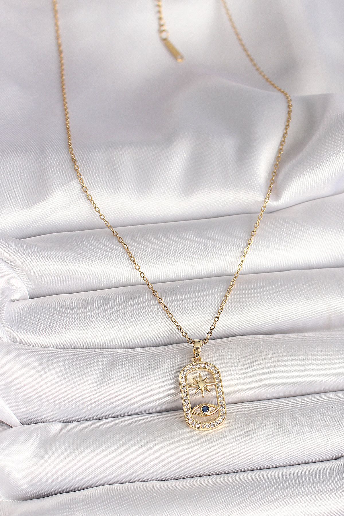 316L Çelik Gold Renk Zincir Zirkon Taşlı Göz Yıldız Model Kadın Kolye - TJ-BKO9984