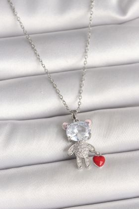 316L Çelik Gümüş Renk Zincir Zirkon Taşlı Ayıcık Model Kırmızı Kalp Detay Kadın Kolye - TJ-BKO9987