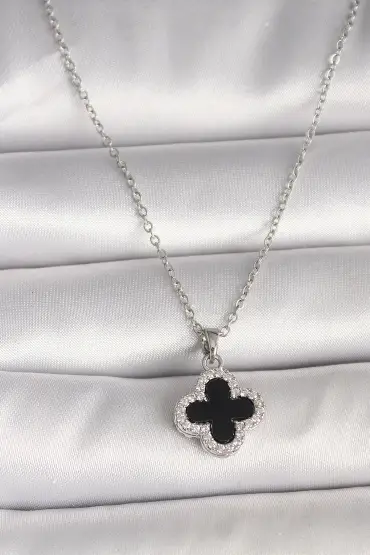 316L Çelik Gümüş Renk Zincir Zirkon Taşlı Yonca Model Kadın Kolye - TJ-BKO9991