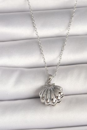 316L Çelik Gümüş Renk Zincir Açılır İncili Midye Model Kadın Kolye - TJ-BKO9995