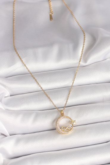 316L Çelik Gold Renk Zincir Zirkon Taşlı Ay Yıldız Model Sonsuzluk Detay Kadın Kolye - TJ-BKO10000