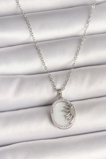 316L Çelik Gümüş Renk Zincir Beyaz Mineli Gün Batımı Model Zirkon Taş Detaylı Kadın Kolye - TJ-BKO10003