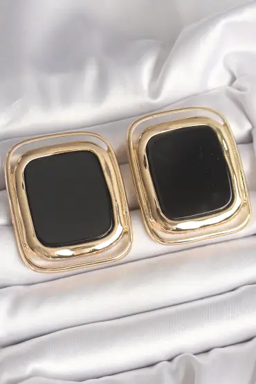 Pirinç Gold Renk Siyah Mineli Kare Model Kadın Küpe - TJ-BKP10429