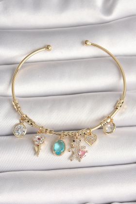 Pirinç Gold Renk Sallantı Zirkon Taşlı AYıcık Figür Kalp Detay Charm Kadın Bileklik - TJ-BB6894