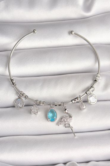 Pirinç Gümüş Renk Sallantı Zirkon Taşlı Filaminga Figür Charm Kadın Bileklik - TJ-BB6903