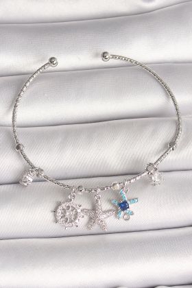 Pirinç Gümüş Renk Sallantı Zirkon Taşlı Deniz Yıldız Figür Charm Kadın Bileklik - TJ-BB6906