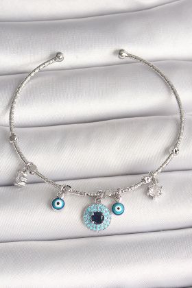 Pirinç Gümüş Renk Sallantı Zirkon Taşlı Nazar Boncuk Figür Charm Kadın Bileklik - TJ-BB6911