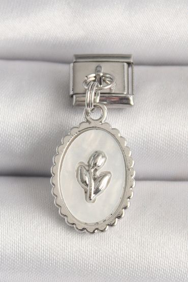 316L Çelik Gümüş Renk Beyaz Mineli Çiçek İşlemeli Nomination Charm - TJ-BC1211