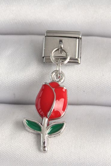316L Çelik Gümüş Renk Kırmızı Gül Model Nomination Charm - TJ-BC1213