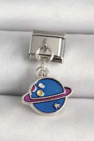 316L Çelik Gümüş Renk Mavi Satürn Model Nomination Charm - TJ-BC1219