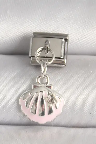 316L Çelik Gümüş Renk Pembe Deniz Kabuğu Model Zirkon Taş Detay Nomination Charm - TJ-BC1257