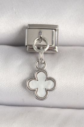 316L Çelik Gümüş Renk Beyaz Mineli Yonca Model Nomination Charm - TJ-BC1269