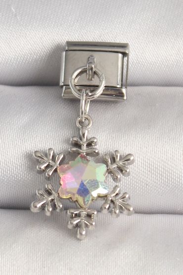 316L Çelik Gümüş Renk Hologram Mineli Kar Tanesi Model Nomination Charm - TJ-BC1272