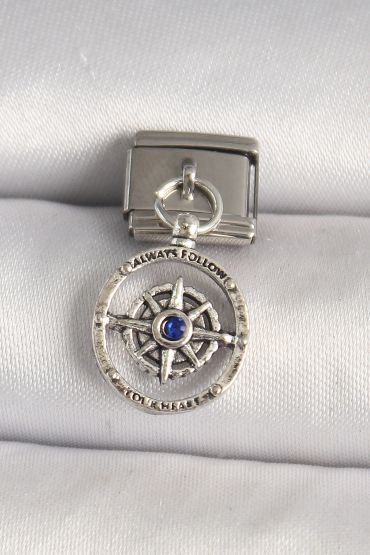 316L Çelik Gümüş Renk Mavi Taş Detaylı Pusula Model Nomination Charm - TJ-BC1273