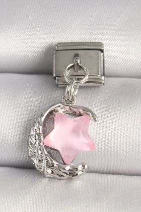316L Çelik Gümüş Renk Hilal Pembe Mineli Yıldız Model Nomination Charm - TJ-BC1283