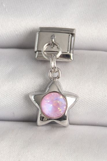 316L Çelik Gümüş Renk Pembe Zirkon Taşlı Yıldız Model Nomination Charm - TJ-BC1287