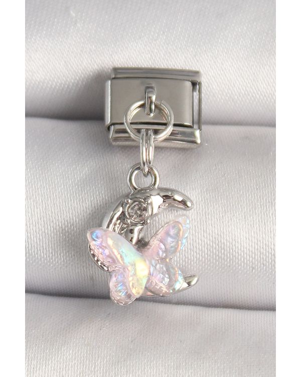 316L Çelik Gümüş Renk Zirkon Taşlı Hilal Pembe Mineli Kelebek Model Nomination Charm - TJ-BC1289