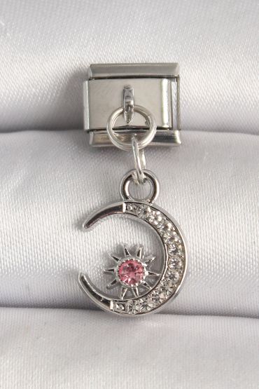 316L Çelik Gümüş Renk Zirkon Taşlı Hilal Model Nomination Charm - TJ-BC1292