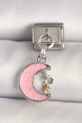 316L Çelik Gümüş Renk Pembe Simli Hilal Model Sallantı Detay Nomination Charm - TJ-BC1294