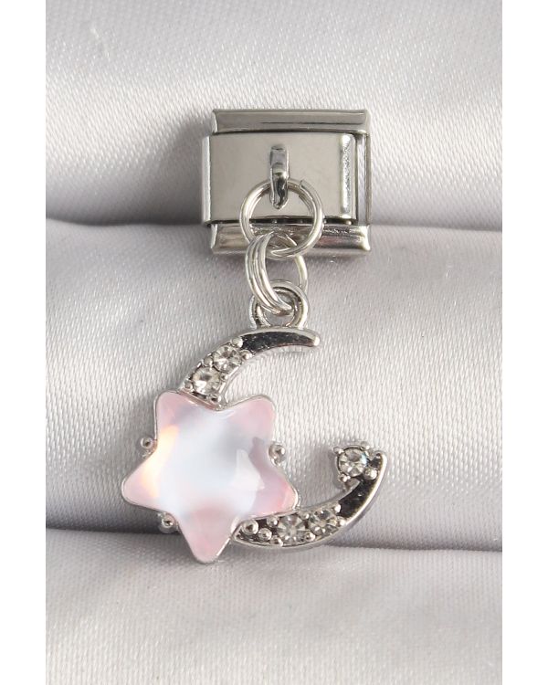 316L Çelik Gümüş Renk Zirkon Taşlı Hilal Pembe Mineli Yıldız Model Nomination Charm - TJ-BC1296