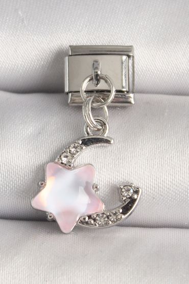 316L Çelik Gümüş Renk Zirkon Taşlı Hilal Pembe Mineli Yıldız Model Nomination Charm - TJ-BC1296