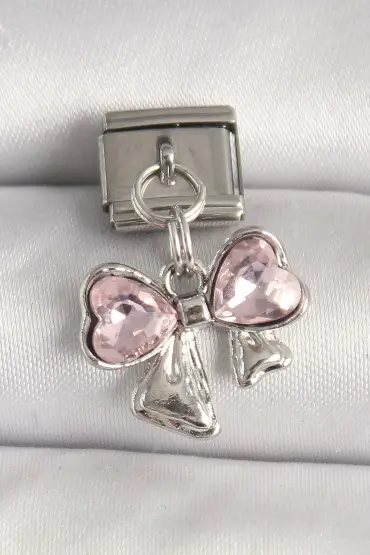 316L Çelik Gümüş Renk Pembe Zirkon Taşlı Fiyonk Model Nomination Charm - TJ-BC1298