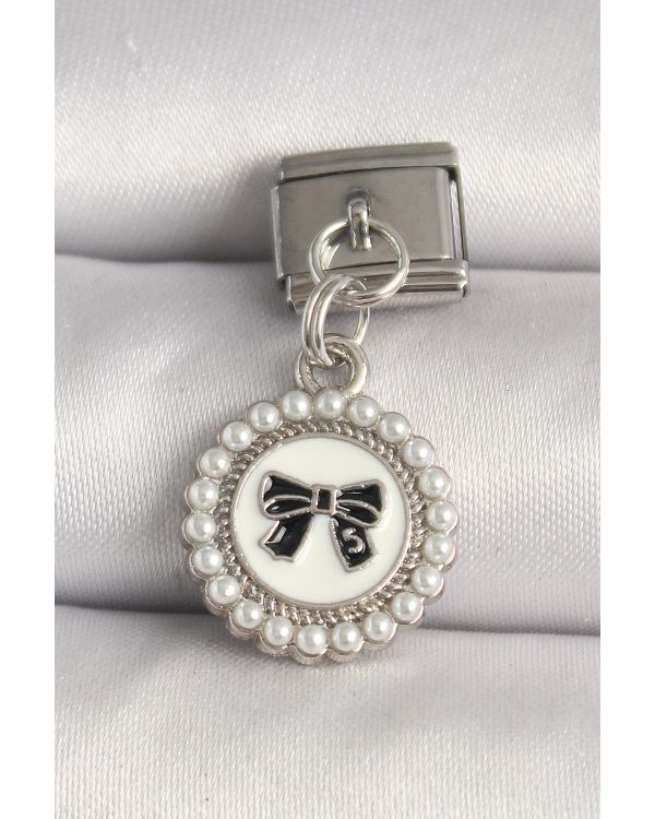 316L Çelik Gümüş Renk Siyah Fiyonk İşlemeli İnci Detaylı Nomination Charm - TJ-BC1302