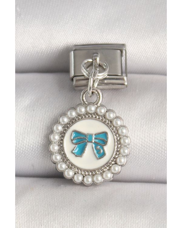 316L Çelik Gümüş Renk Mavi Fiyonk İşlemeli İnci Detaylı Nomination Charm - TJ-BC1303