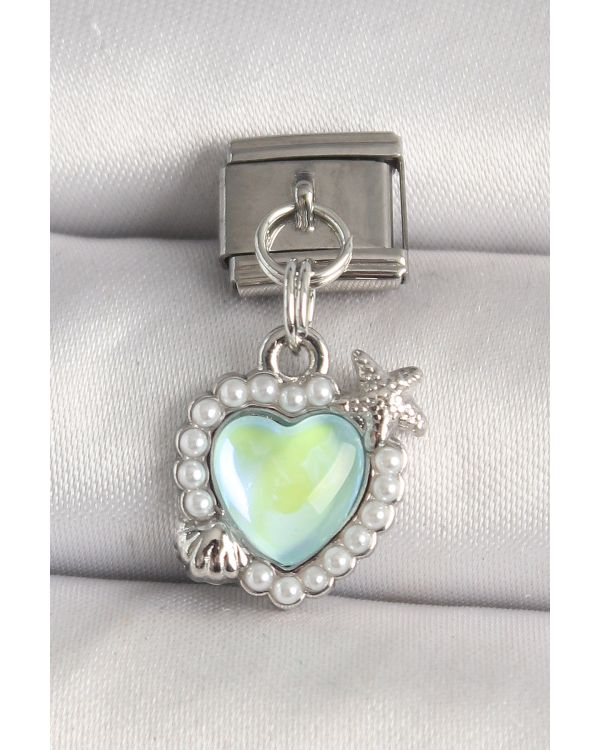 316L Çelik Gümüş Renk Yeşil Mineli Kalp Model Deniz Yıldız Detay Nomination Charm - TJ-BC1305