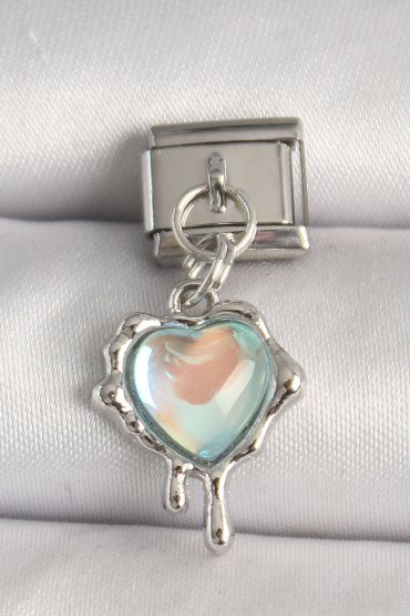 316L Çelik Gümüş Renk Mavi Hologram Mineli Eriyen Kalp Model Nomination Charm - TJ-BC1315