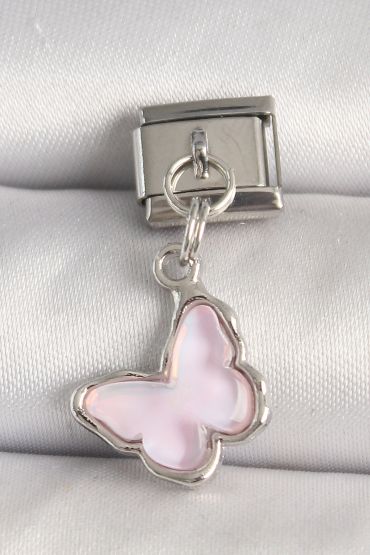 316L Çelik Gümüş Renk Pembe Kelebek Model Nomination Charm - TJ-BC1321
