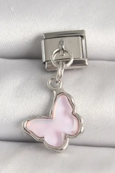 316L Çelik Gümüş Renk Pembe Kelebek Model Nomination Charm - TJ-BC1321