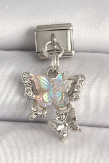 316L Çelik Gümüş Renk Zirkon Taşlı Beyaz Mineli Kelebek Model Kelebek Detay Nomination Charm - TJ-BC1329