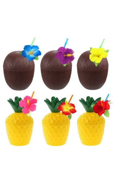 Ananas & Hindistan Cevizi Tasarımlı Pipetli Bardak Seti (6 Adet)