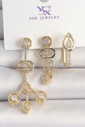 Pirinç Gold Renk Zirkon Taşlı Geometrik Model 3'Lü Kadın Kombin Küpe - TJ-BKP10433
