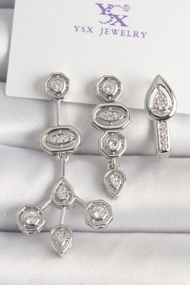 Pirinç Gümüş Renk Zirkon Taşlı Geometrik Model 3'Lü Kadın Kombin Küpe - TJ-BKP10434